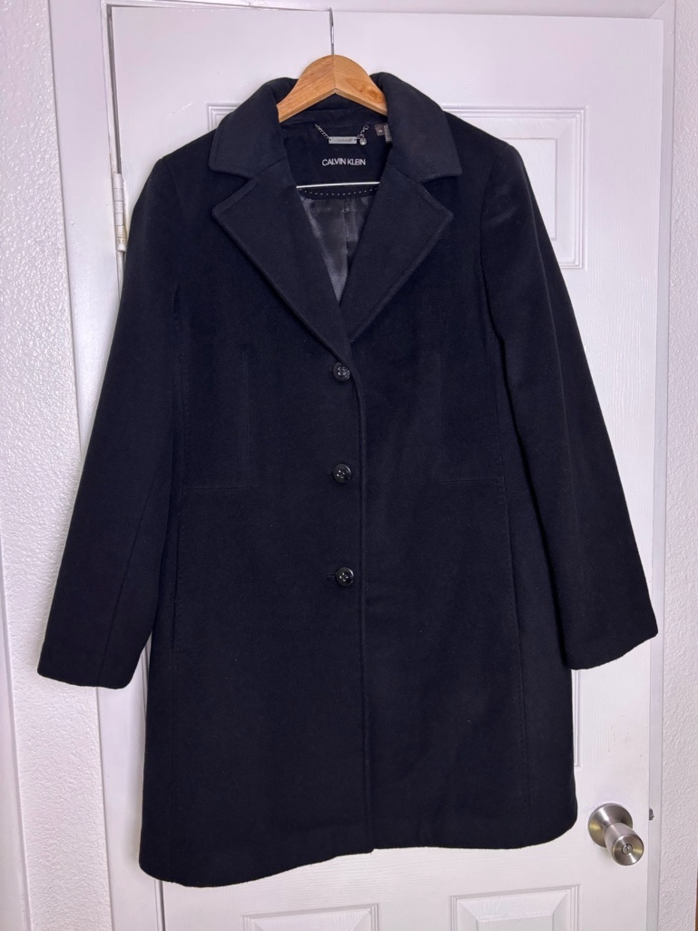 Calvin Klein Black Single-Breasted Wool Trench Coat Women’s Size 14 - Picture 2 of 10